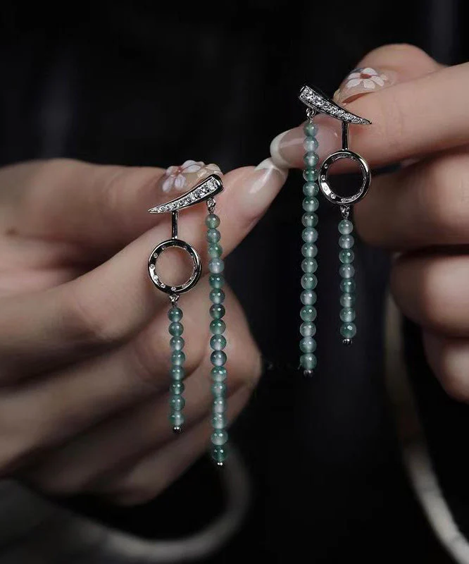 Retro Green Stainless Steel Asymmetrical Beading Drop Earrings - Image 4