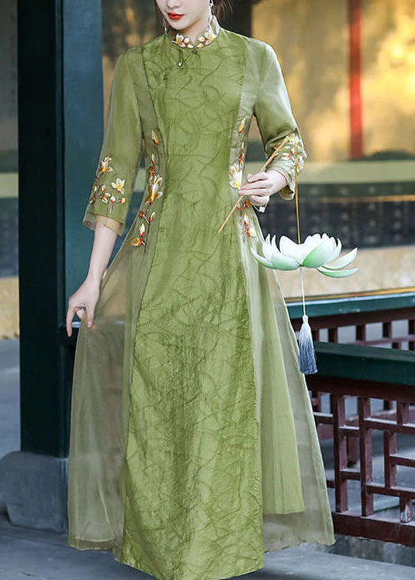 Retro Green Stand Collar Embroideried Patchwork Silk Dresses Spring - Image 2