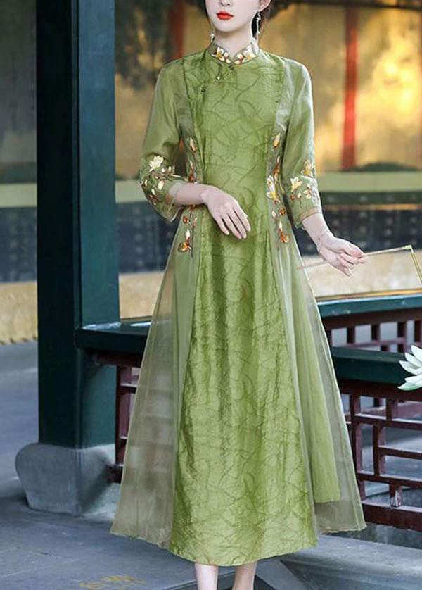 Retro Green Stand Collar Embroideried Patchwork Silk Dresses Spring - Image 3