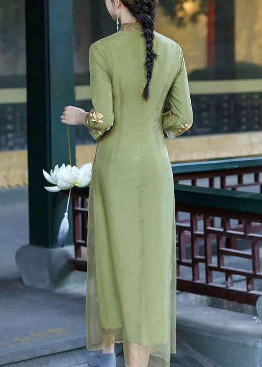 Retro Green Stand Collar Embroideried Patchwork Silk Dresses Spring - Image 4