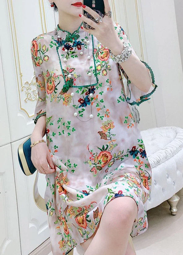 Retro Green Stand Collar Print Silk Mid Dress Half Sleeve - Image 2