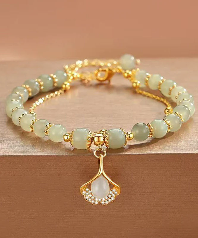 Retro Green Sterling Silver Overgild Zircon Jade Charm Bracelet - Image 3
