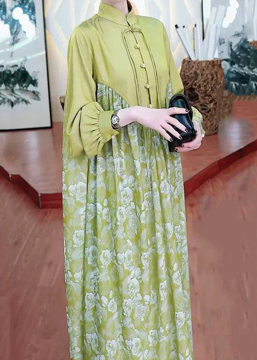 Retro Green Tasseled Wrinkled Print Patchwork Silk Long Dresses Spring - Image 3