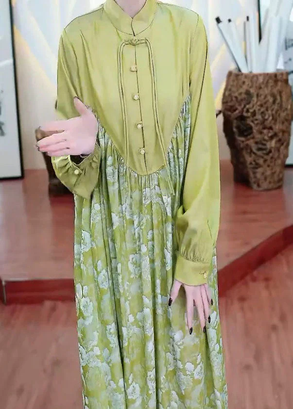 Retro Green Tasseled Wrinkled Print Patchwork Silk Long Dresses Spring - Image 4