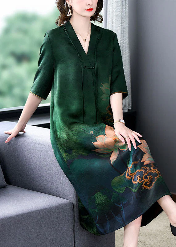 Retro Green V Neck Tasseled Print Patchwork Silk Dress Summer - Image 2