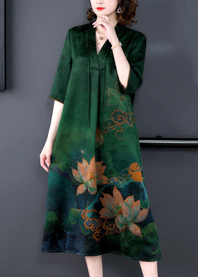 Retro Green V Neck Tasseled Print Patchwork Silk Dress Summer - Image 3