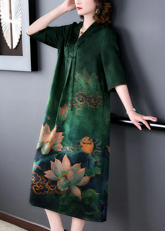 Retro Green V Neck Tasseled Print Patchwork Silk Dress Summer - Image 4