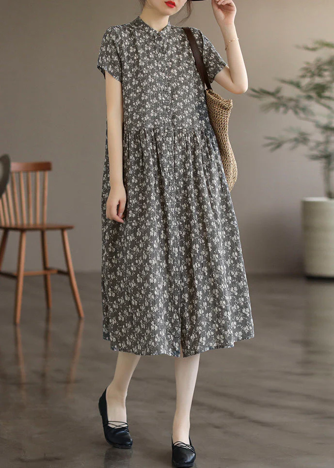 Retro Grey Stand Collar Print Long Dresses Summer - Image 3