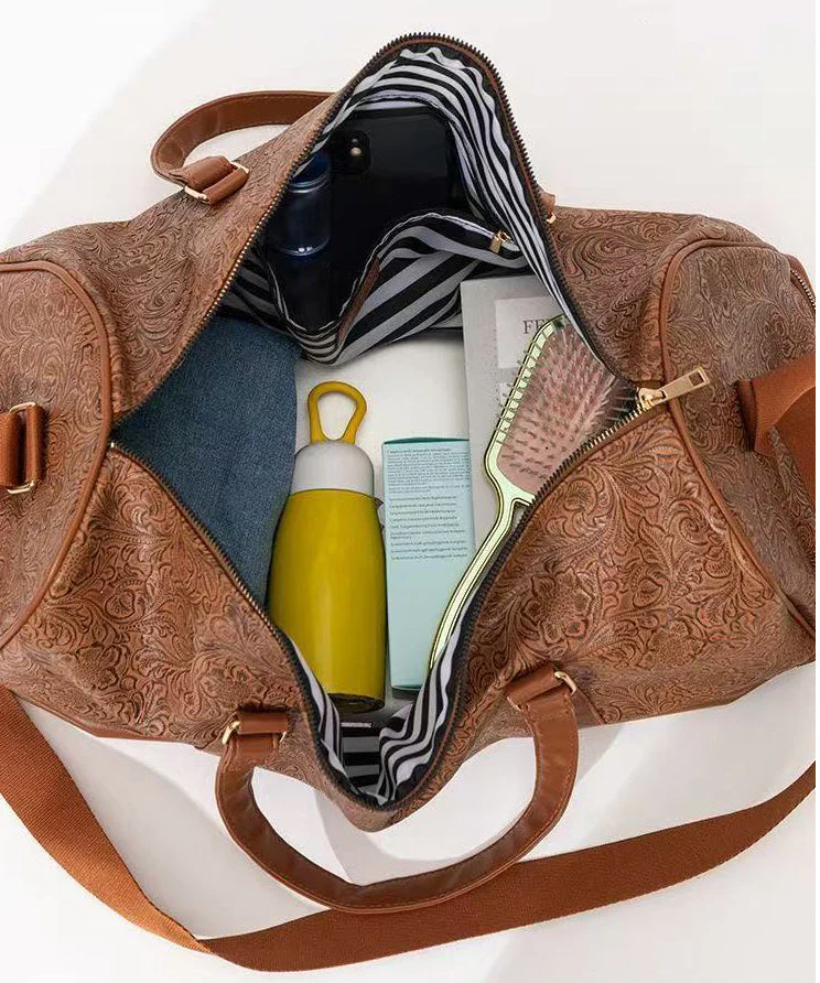 Retro Khaki Print Patchwork Large Capacity Faux Leather Weekender Handbag - Image 4