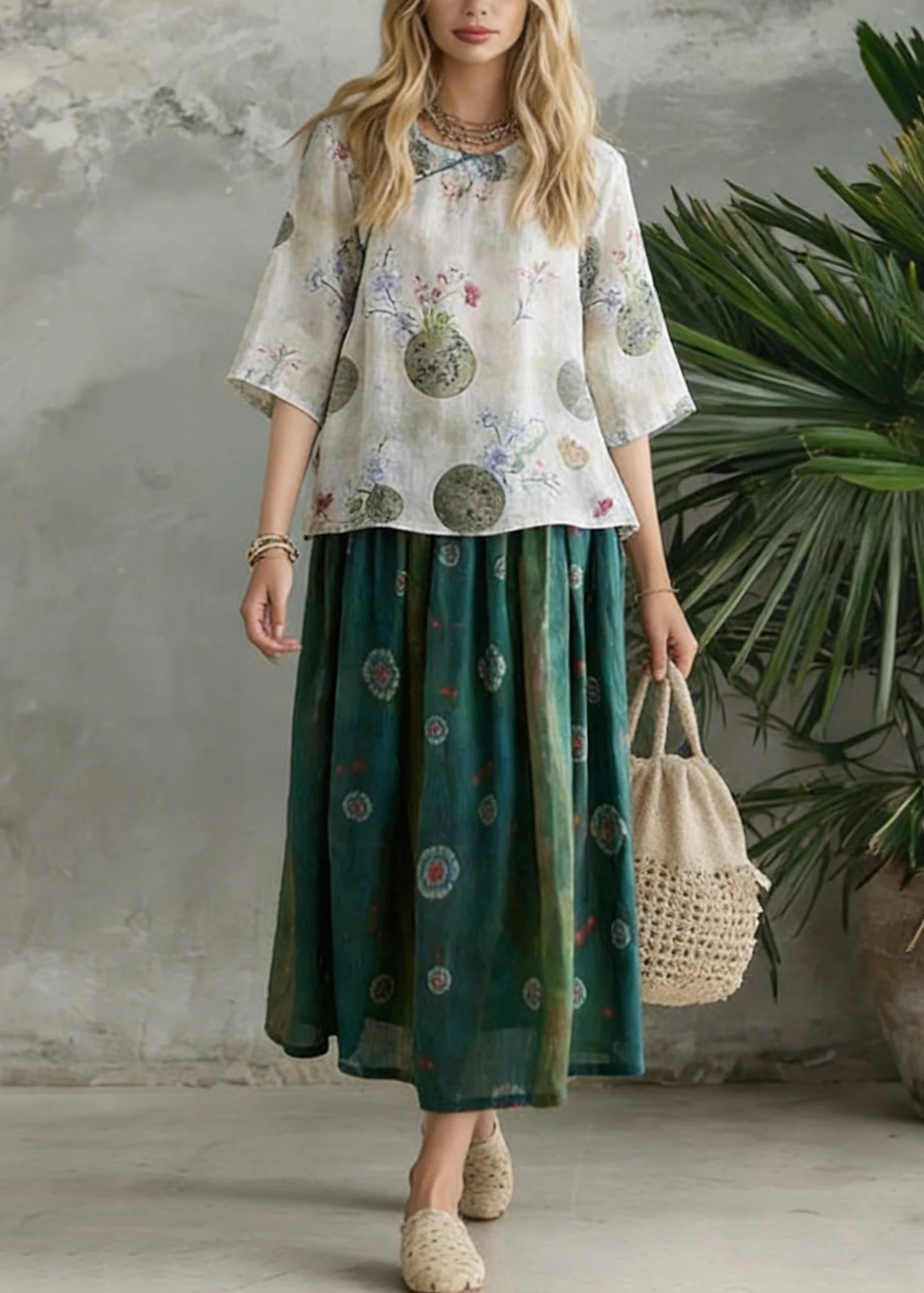 Retro Light Green O-Neck Print Blouse Spring Top - Image 3