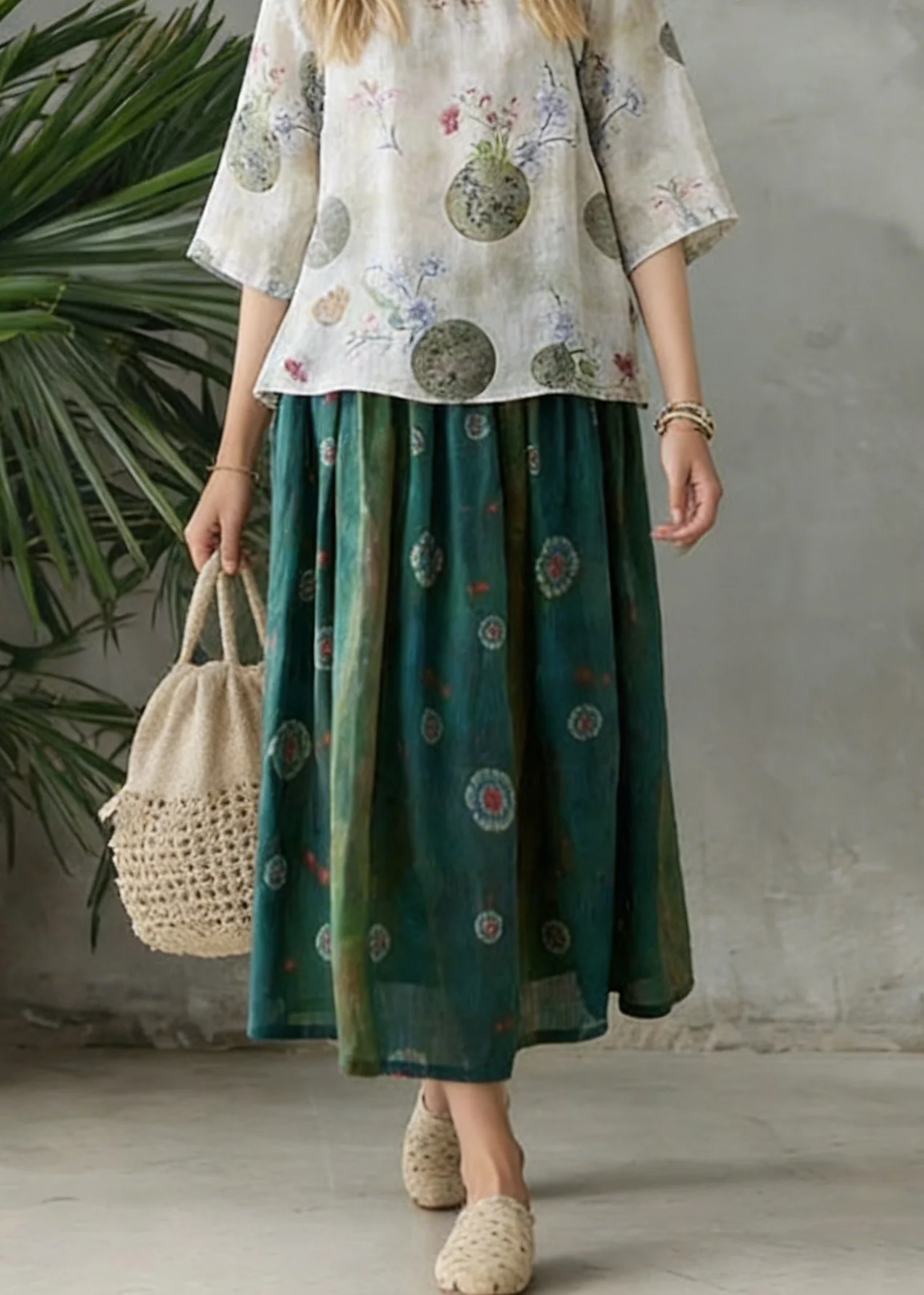 Retro Light Green O-Neck Print Blouse Spring Top - Image 4