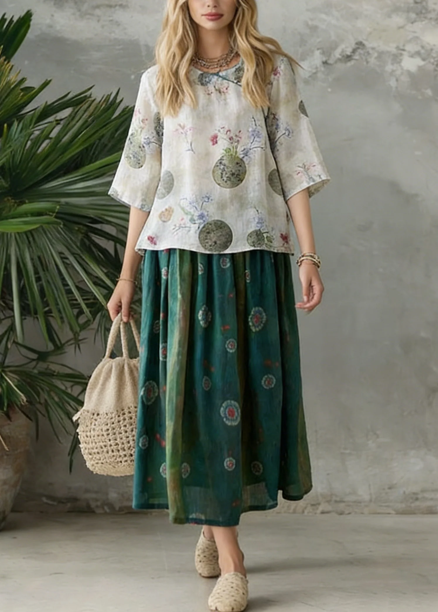 Retro Light Green O-Neck Print Blouse Spring Top - Image 5