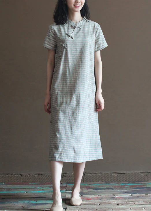 Retro Light Green Stand Collar Plaid Cotton Cheongsam Dress Short Sleeve - Image 2