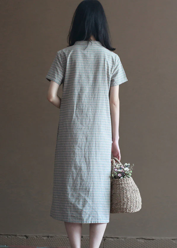 Retro Light Green Stand Collar Plaid Cotton Cheongsam Dress Short Sleeve - Image 3