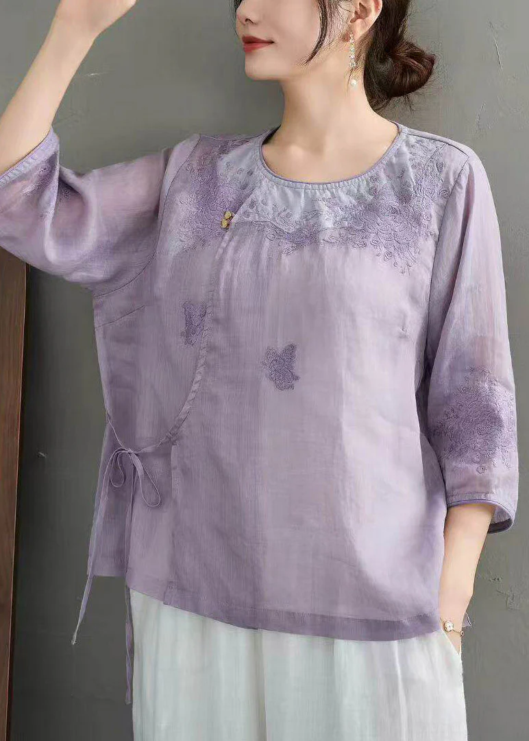 Retro Light Pink Embroidered Tie Waist Linen Top Half Sleeve - Image 3