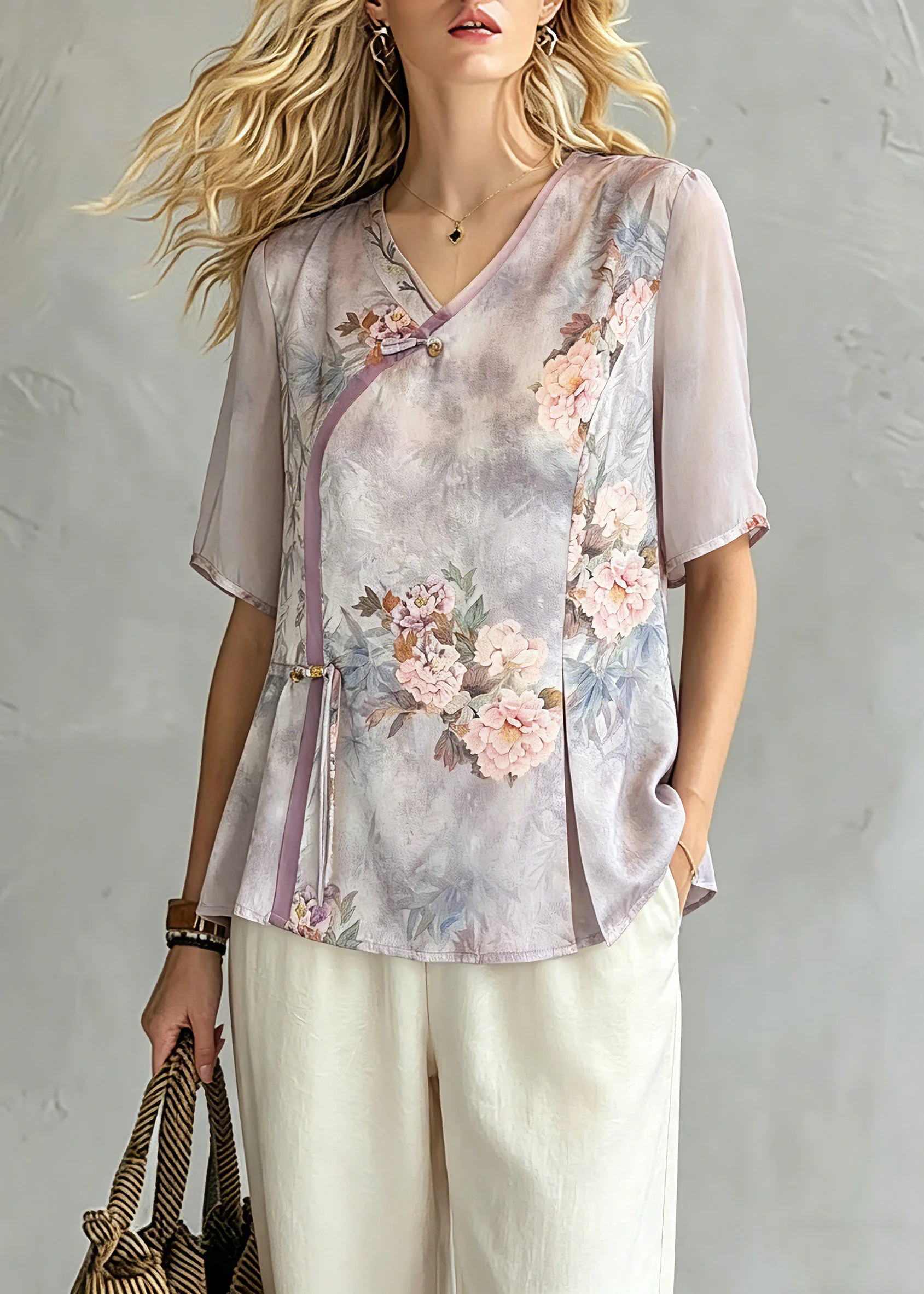 Retro Light Purple V Neck Asymmetrical Chiffon Top Short Sleeve - Image 5