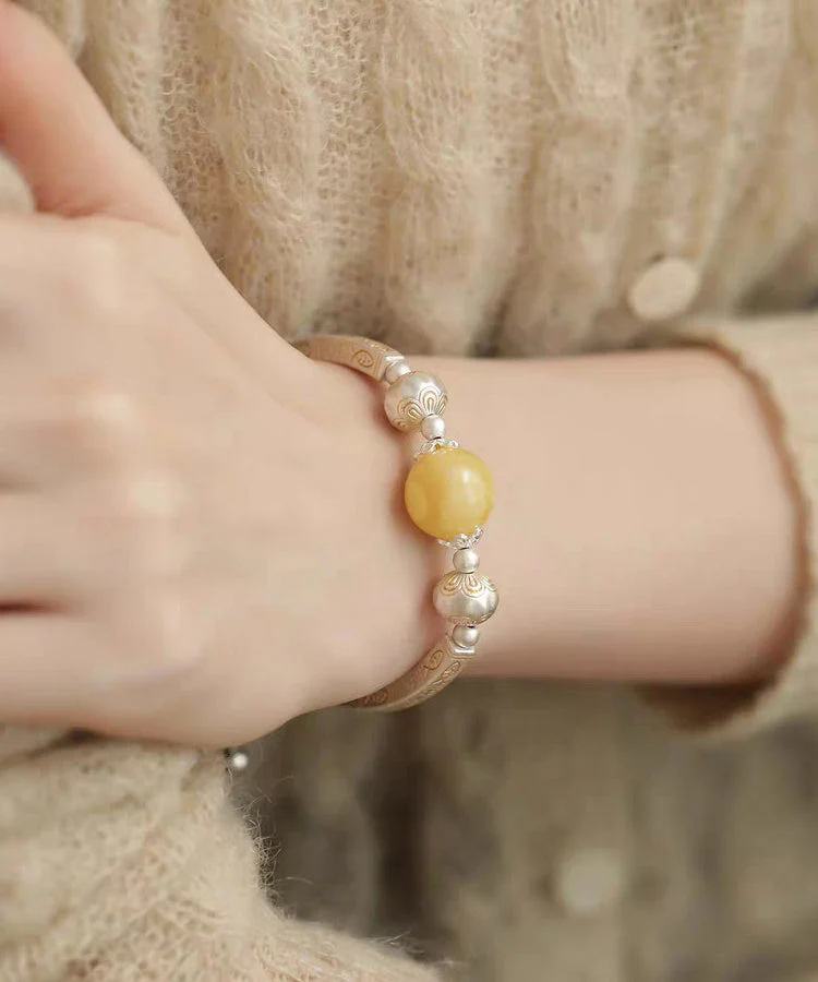 Retro Light Yellow 925 Silver Silver Beeswax Patchwork Pearl Charm Bracelet - Image 3