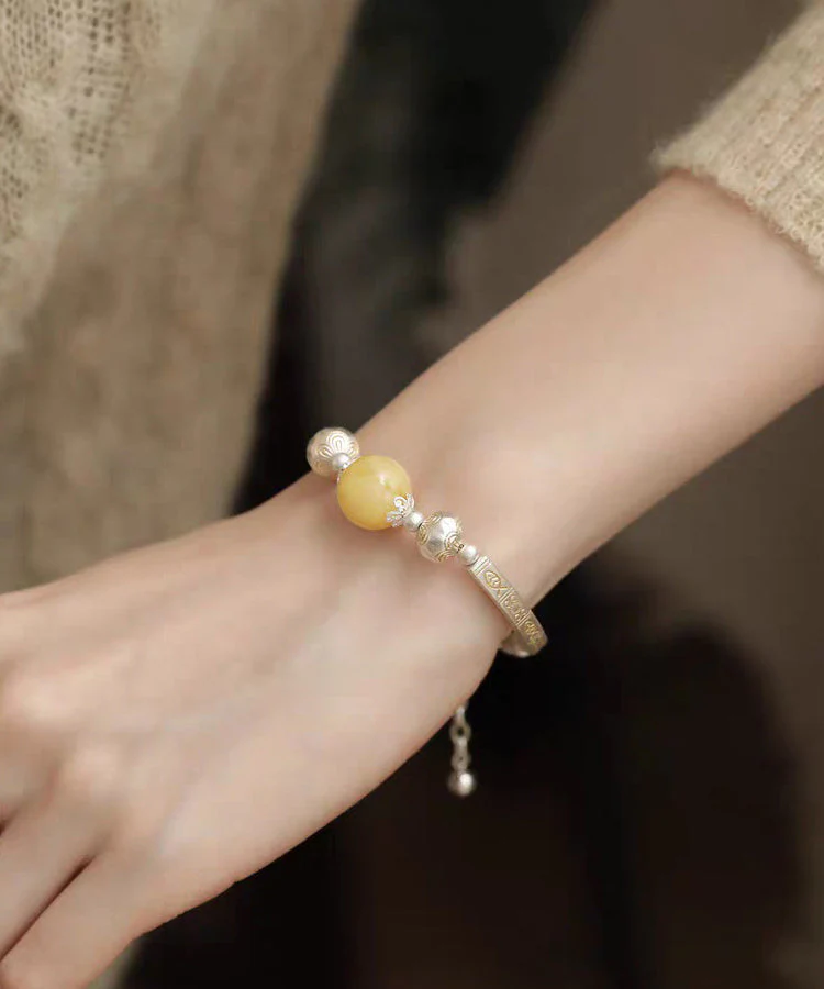Retro Light Yellow 925 Silver Silver Beeswax Patchwork Pearl Charm Bracelet - Image 4