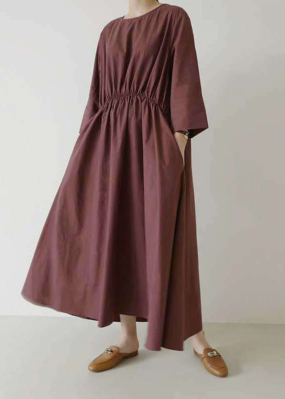 Retro Mulberry O Neck Elastic Waist Cotton Dress Spring - Image 2