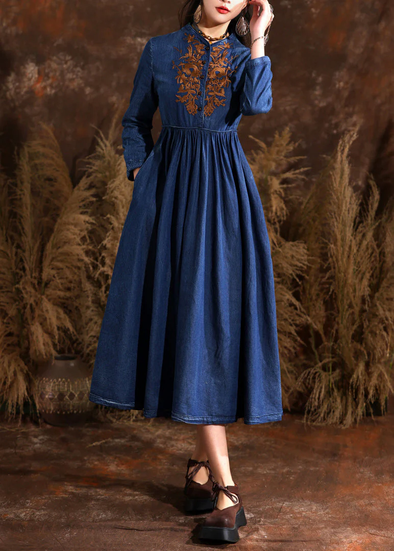 Retro Navy Stand Collar Wrinkled Patchwork Denim Long Dress Long Sleeve - Image 2