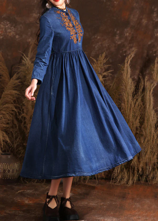 Retro Navy Stand Collar Wrinkled Patchwork Denim Long Dress Long Sleeve - Image 3