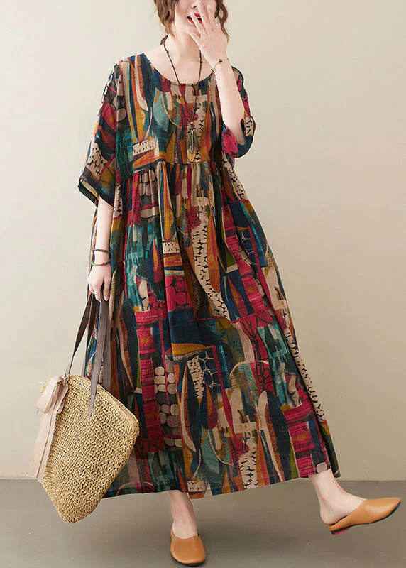 Retro O-Neck Print Party Maxi Dress Half Sleeve - Image 2