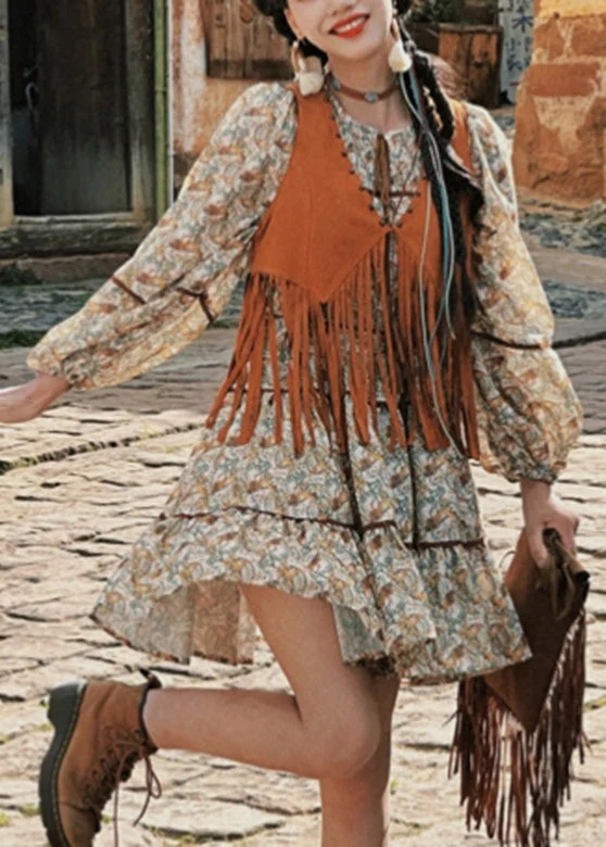 Retro Patchwork Tassel Waistcoat And Long Dress Two Pieces Set Lantern Sleeve - Image 2