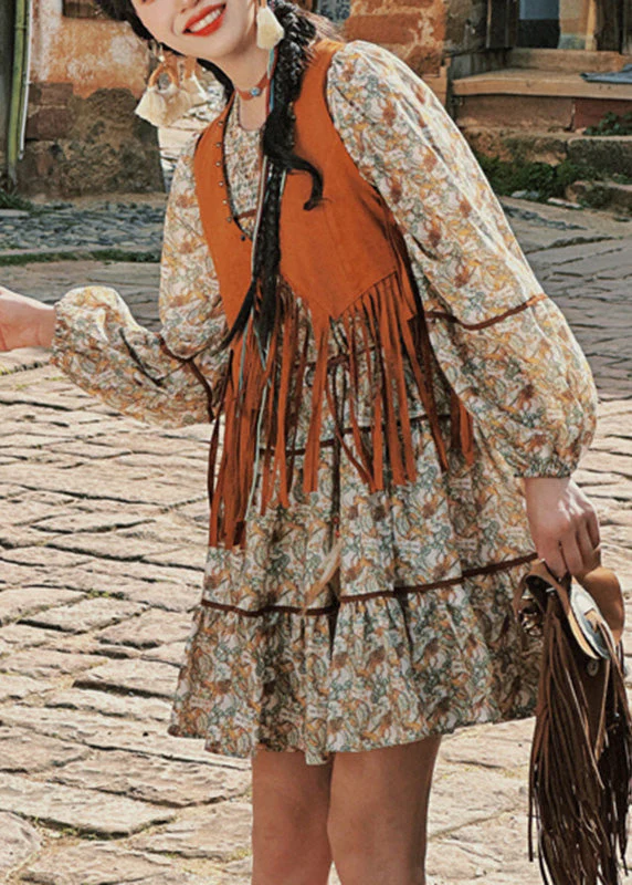 Retro Patchwork Tassel Waistcoat And Long Dress Two Pieces Set Lantern Sleeve - Image 3