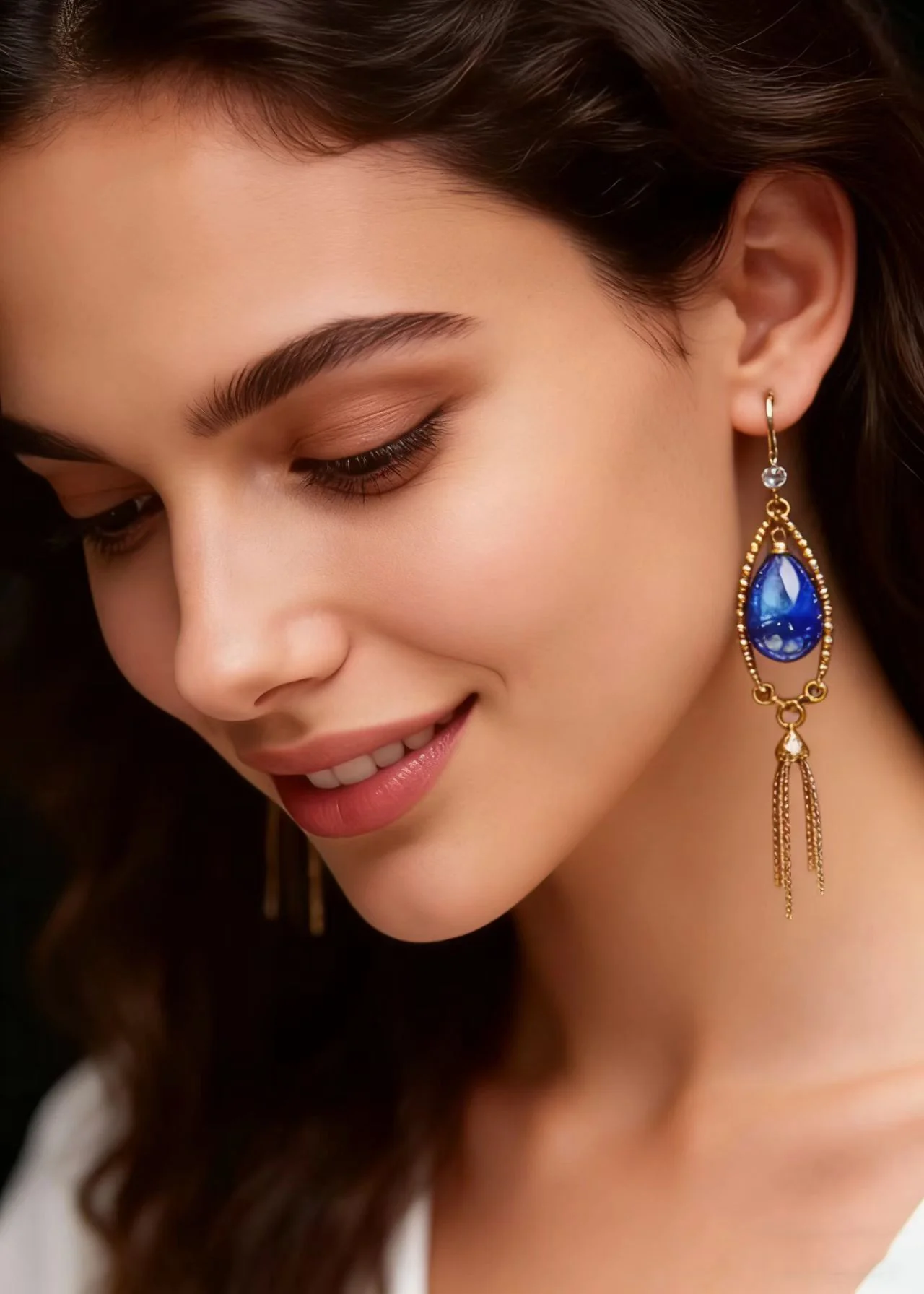 Retro Peacock Blue Water Droplet Gem Stone Tassels Drop Earring - Image 3