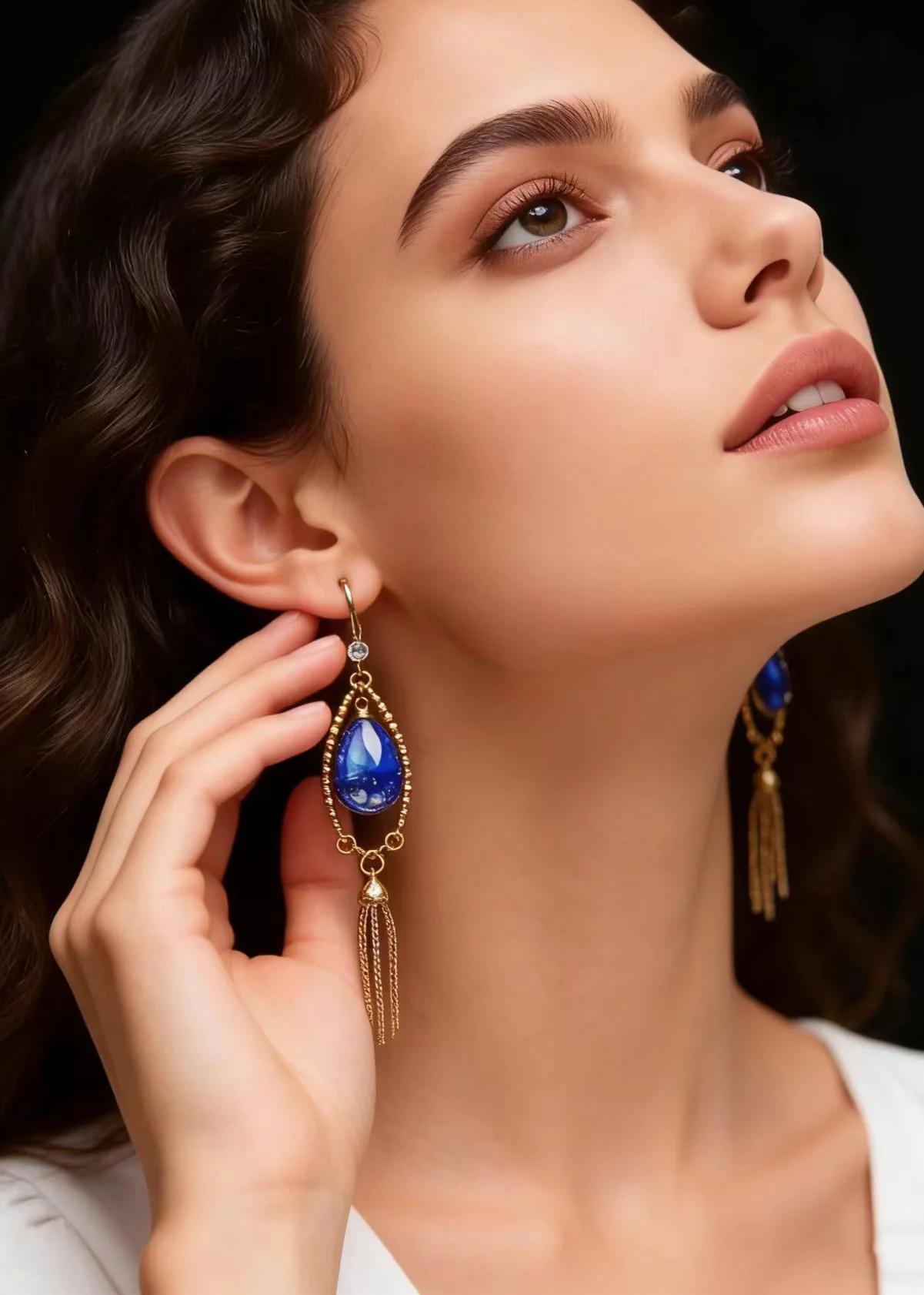 Retro Peacock Blue Water Droplet Gem Stone Tassels Drop Earring - Image 4