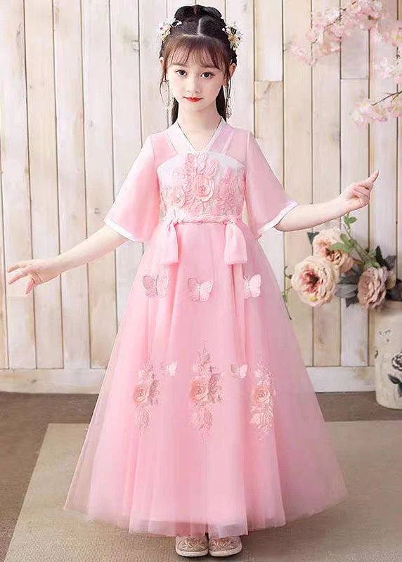 Retro Pink Floral Butterfly Embroideried Patchwork Chiffon Kids Girls Long Dresses Summer - Image 2