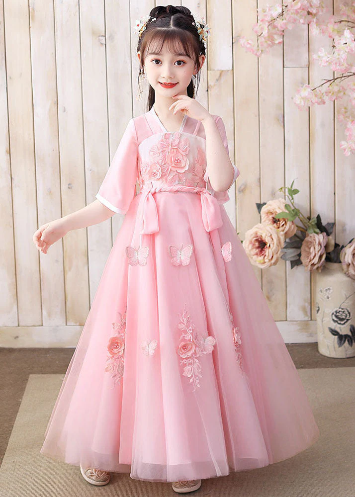 Retro Pink Floral Butterfly Embroideried Patchwork Chiffon Kids Girls Long Dresses Summer - Image 3