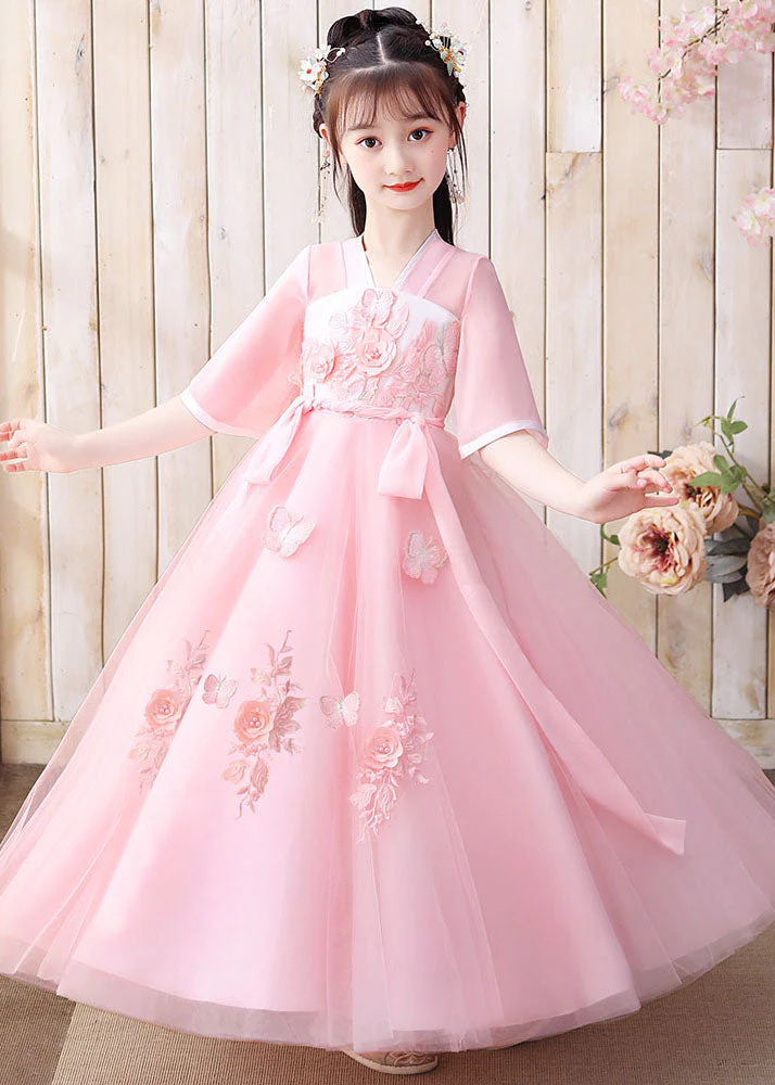 Retro Pink Floral Butterfly Embroideried Patchwork Chiffon Kids Girls Long Dresses Summer - Image 4