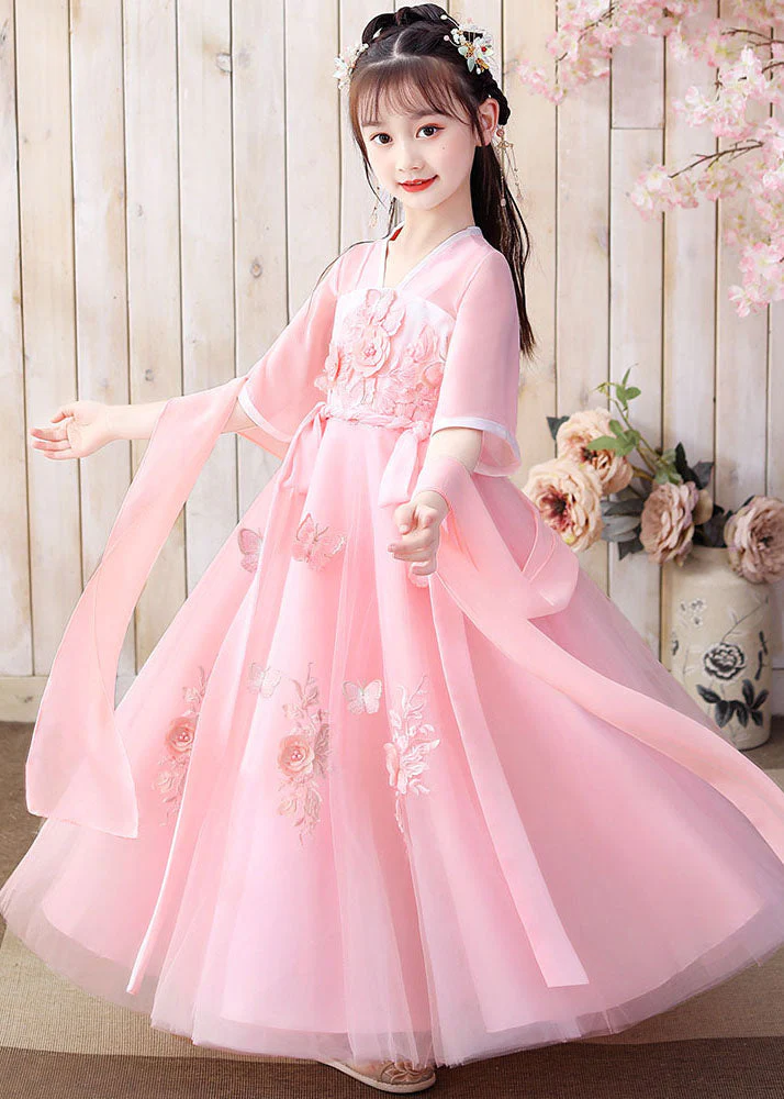 Retro Pink Floral Butterfly Embroideried Patchwork Chiffon Kids Girls Long Dresses Summer - Image 5