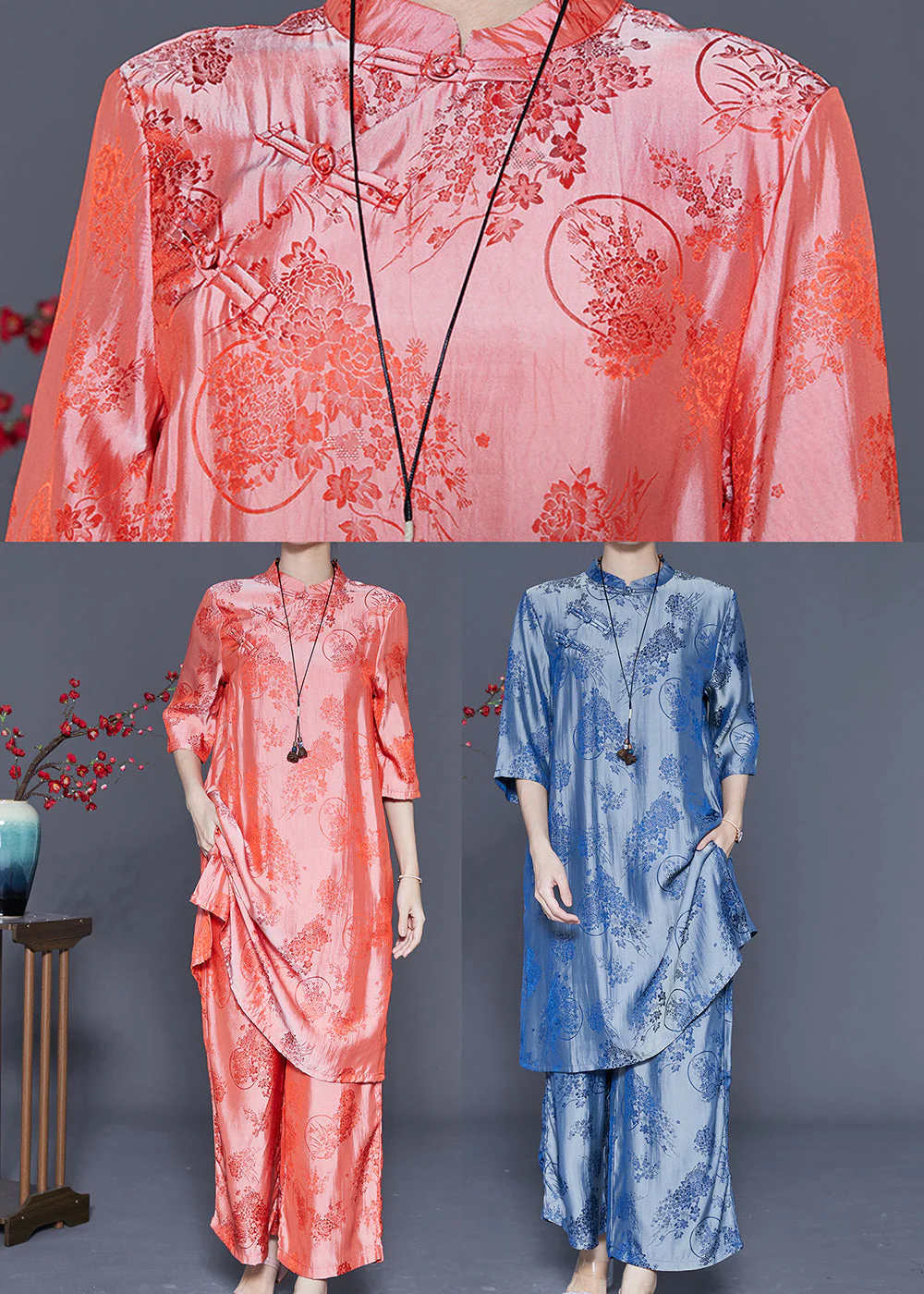 Retro Pink Jacquard Silk Dress And Pant Two Piece Suit Set Summer - Image 5