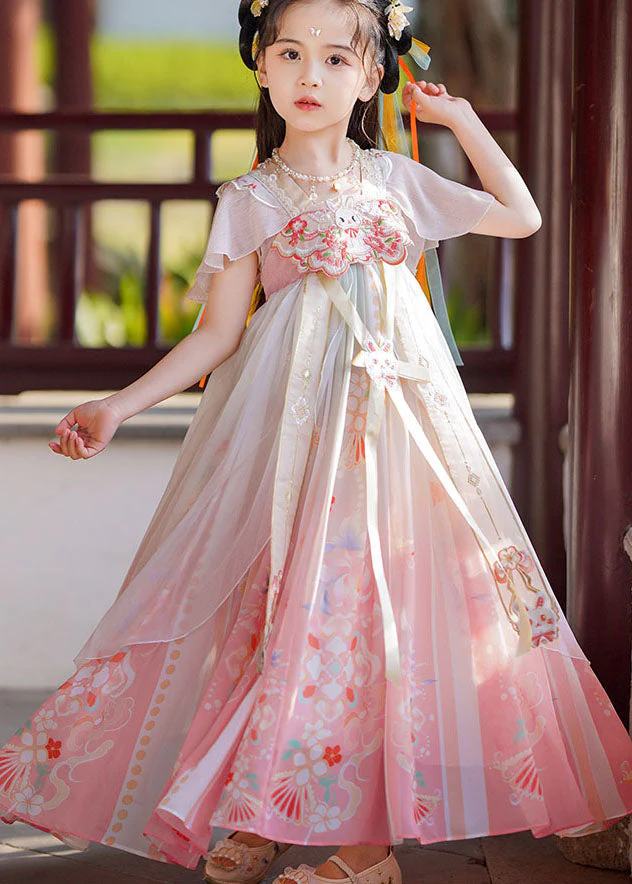 Retro Pink Print Wrinkled Patchwork Chiffon Kids Girls Long Dresses Summer - Image 2