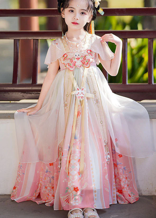 Retro Pink Print Wrinkled Patchwork Chiffon Kids Girls Long Dresses Summer - Image 3
