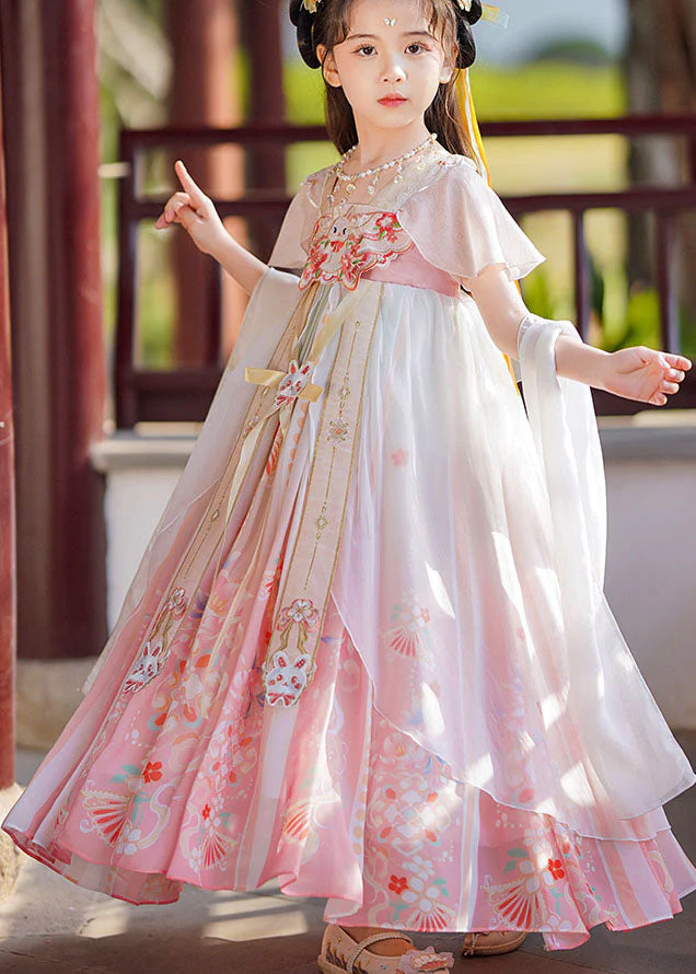 Retro Pink Print Wrinkled Patchwork Chiffon Kids Girls Long Dresses Summer - Image 4