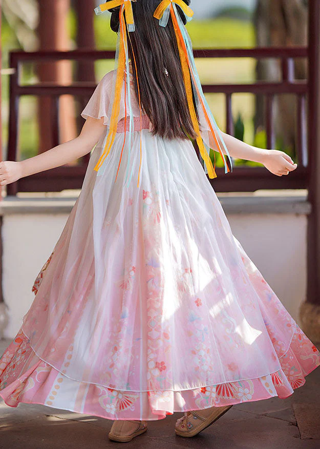 Retro Pink Print Wrinkled Patchwork Chiffon Kids Girls Long Dresses Summer - Image 5