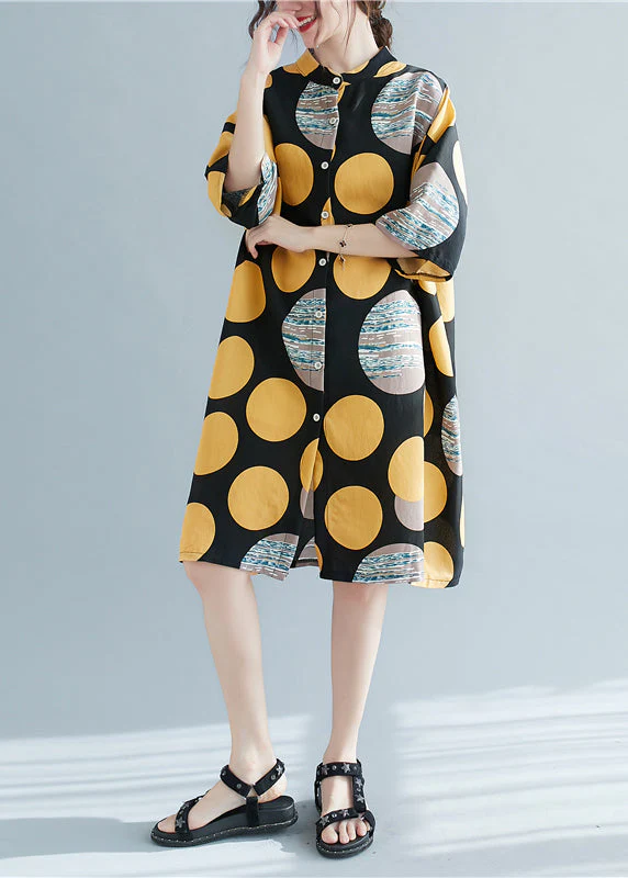 Retro Print Dot Stand Collar Linen Party Dress Half Sleeve - Image 2