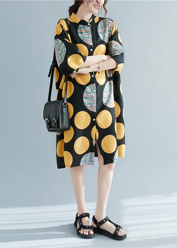 Retro Print Dot Stand Collar Linen Party Dress Half Sleeve - Image 3