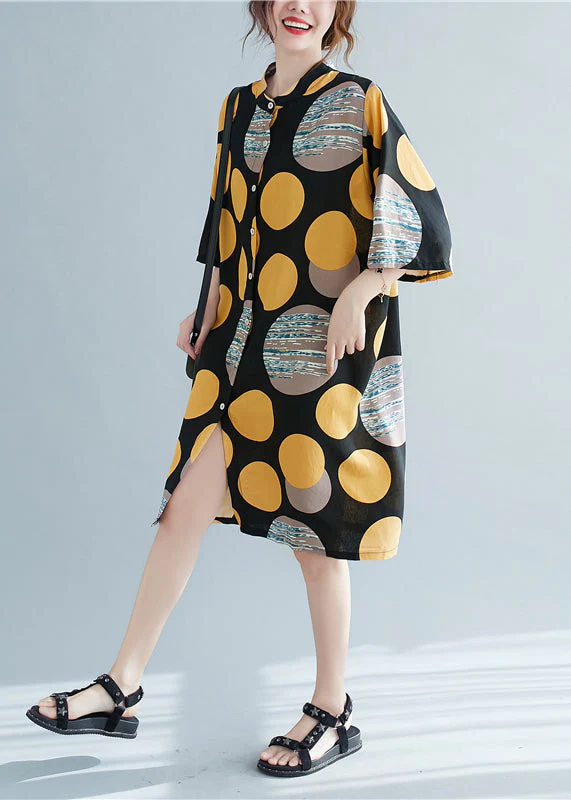 Retro Print Dot Stand Collar Linen Party Dress Half Sleeve - Image 4