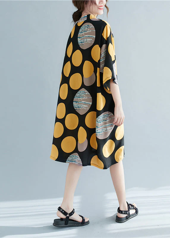 Retro Print Dot Stand Collar Linen Party Dress Half Sleeve - Image 5