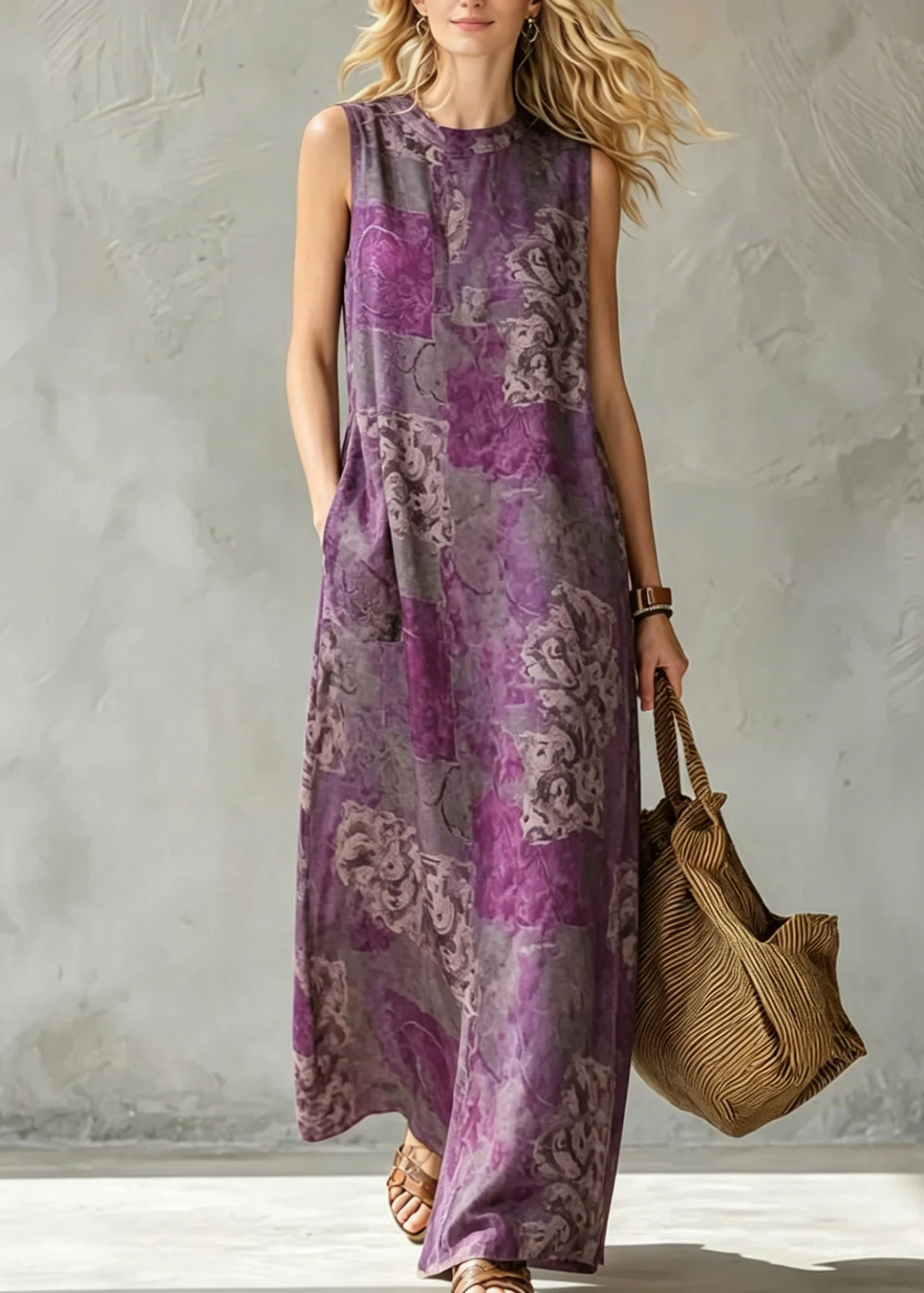 Retro Purple Pockets Patchwork Maxi Dress Summer - Image 3