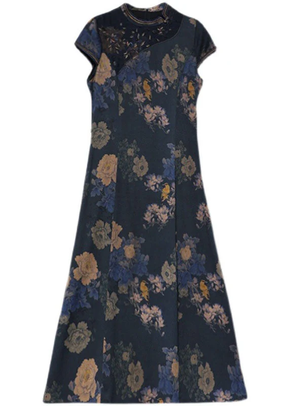 Retro Purple Stand Collar Side Open Patchwork Silk Cheongsam Dresses Summer - Image 5