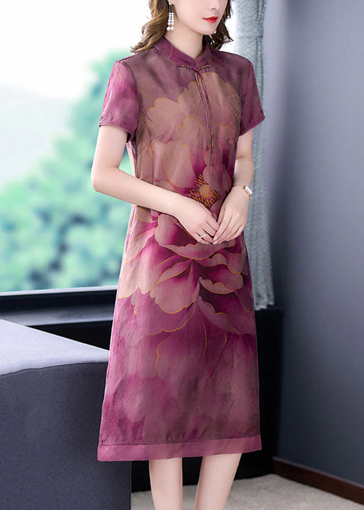 Retro Purple Tasseled Print Patchwork Silk Dresses Summer - Image 2
