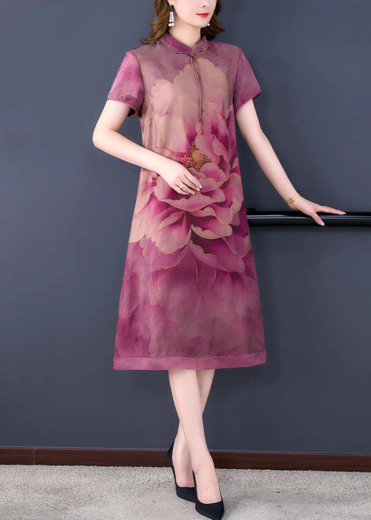 Retro Purple Tasseled Print Patchwork Silk Dresses Summer - Image 3