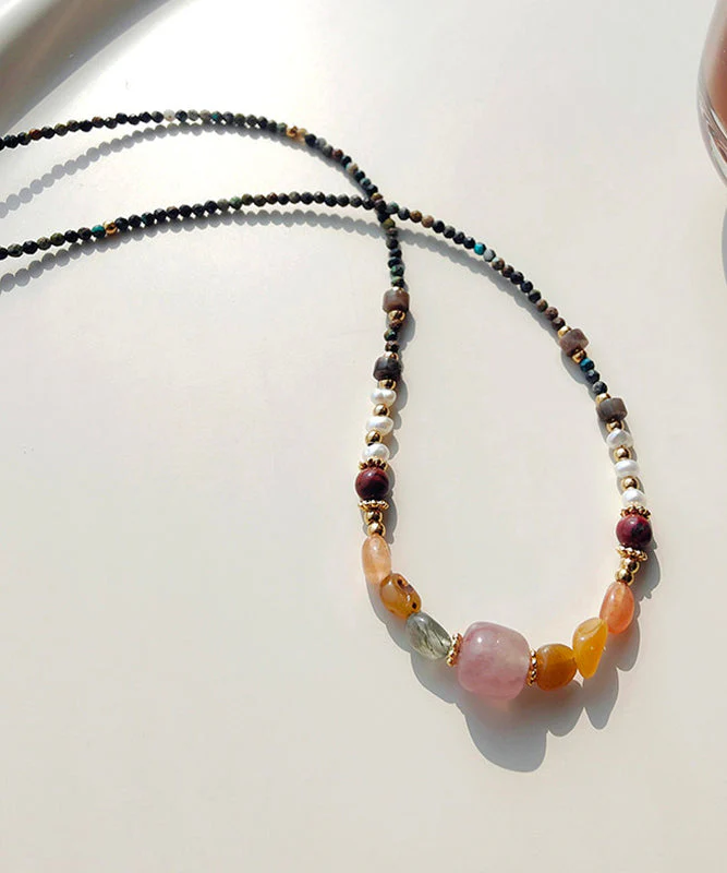 Retro Rainbow Alloy Pearl Natural Stone Beading Gratuated Bead Necklace - Image 2