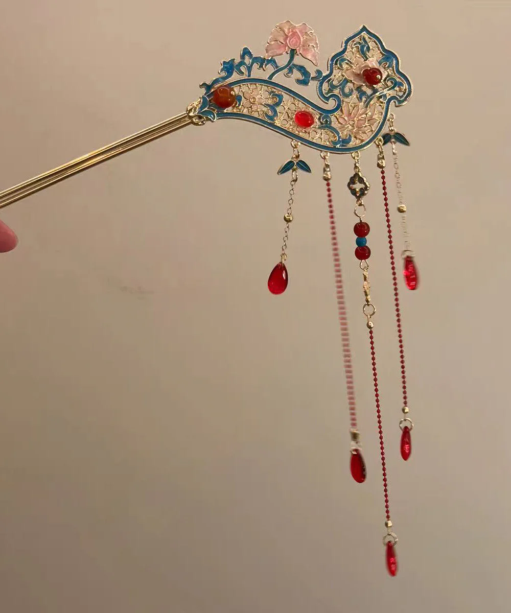 Retro Red Alloy Hollow Out Cloisonne Floral Tassel A Pair Hairpin - Image 2