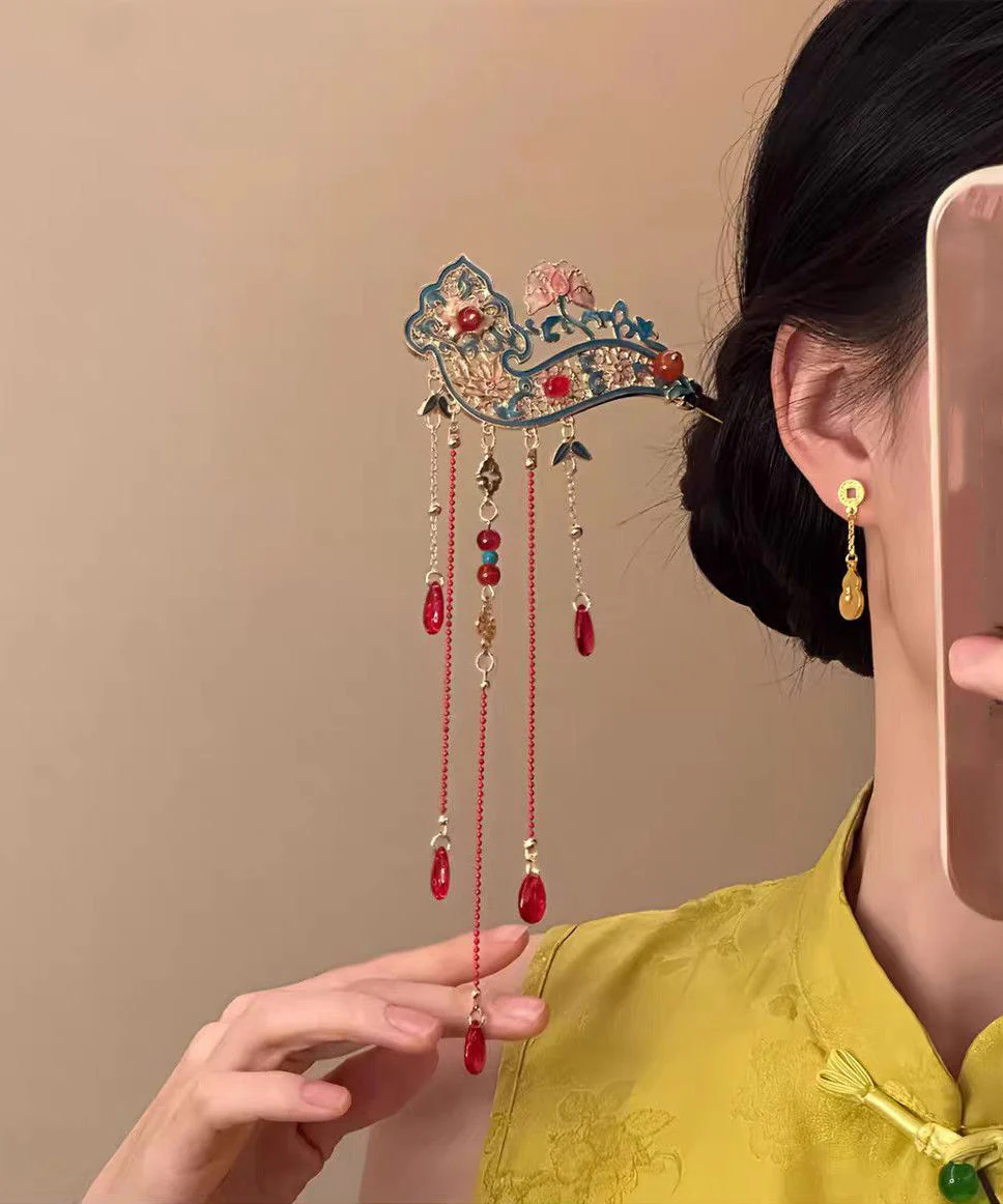 Retro Red Alloy Hollow Out Cloisonne Floral Tassel A Pair Hairpin - Image 3